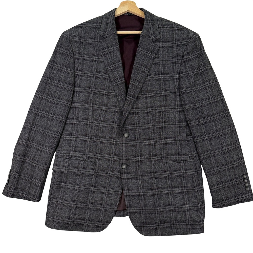 NEW Jos A Bank Men 44R Blazer Jacket Grey Plaid Traveler Tailored Fit Wool Blend